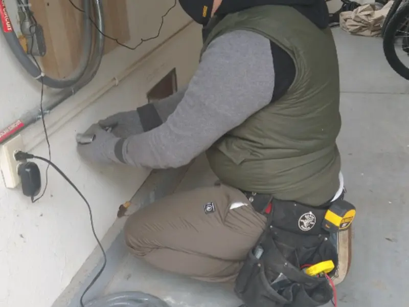 Electrician performing outlet wiring in a Putney garage
